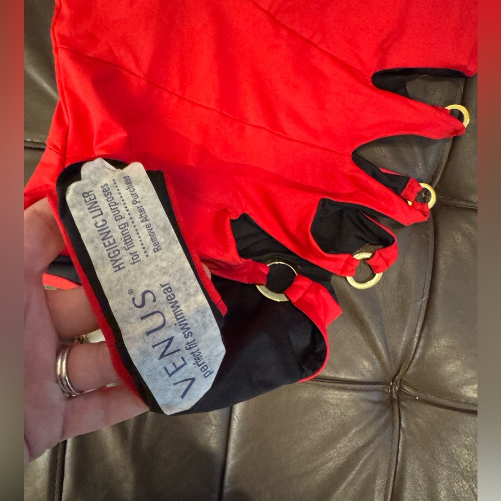 Sexy Red One Piece Swimsuit with side cut outs and metal accents - size 14 - Picture 2 of 6